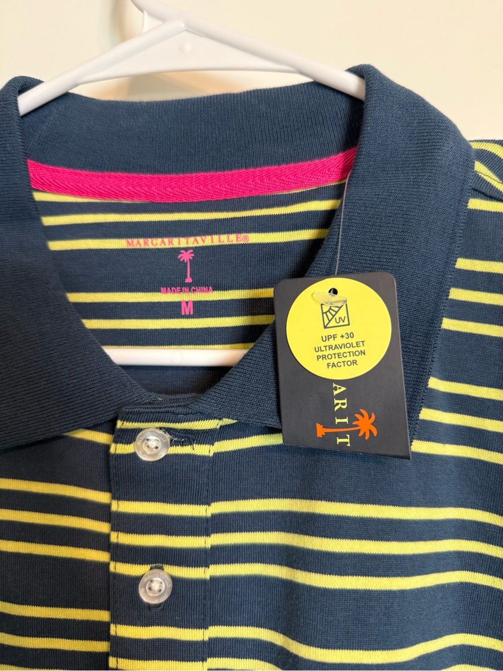 Margaritaville Navy & Lime Striped Men's Polo with sun protection - Picture 3 of 5